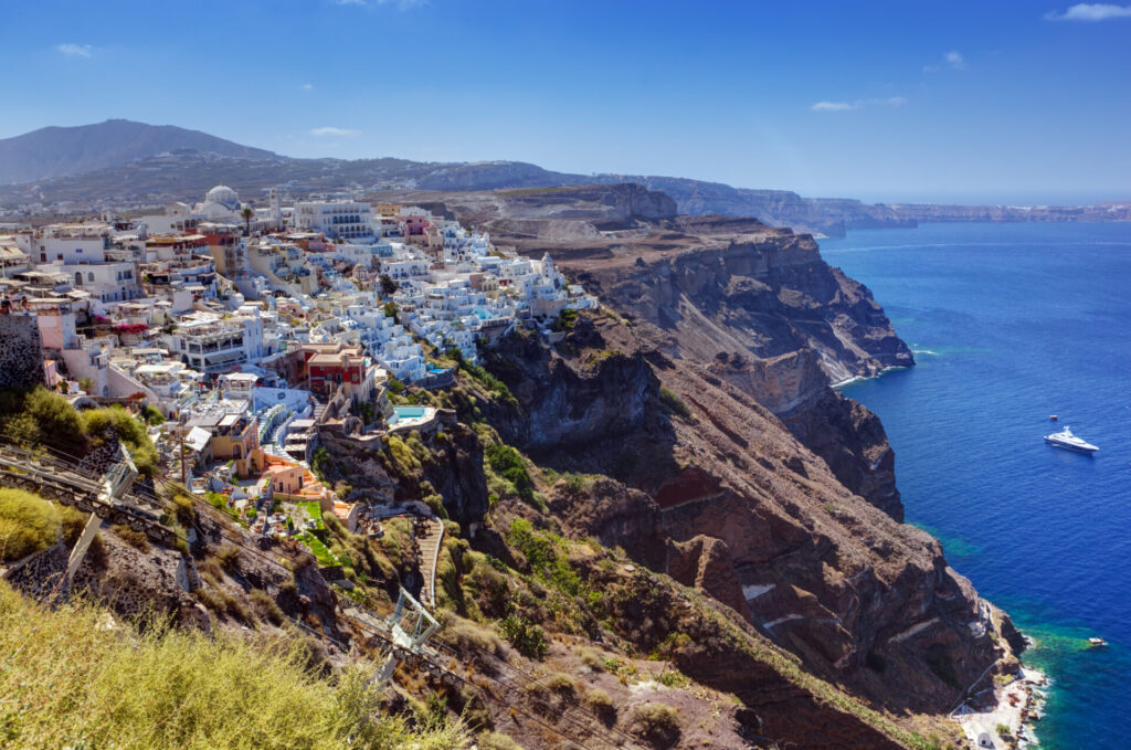 Fira, the capital of Santorini island, Greece. Traditional architecture on cliff